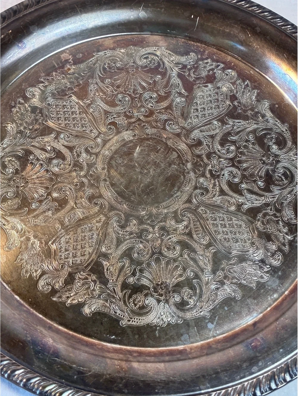Vintage Ornate Silver Plated Decorative Serving Tray with Intricate Engraving